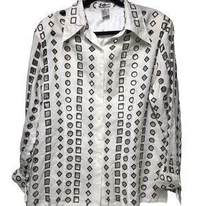 La Rea Collection White Brown Shoulders Pads Shirt Womens top 100% Linen XLarge‎